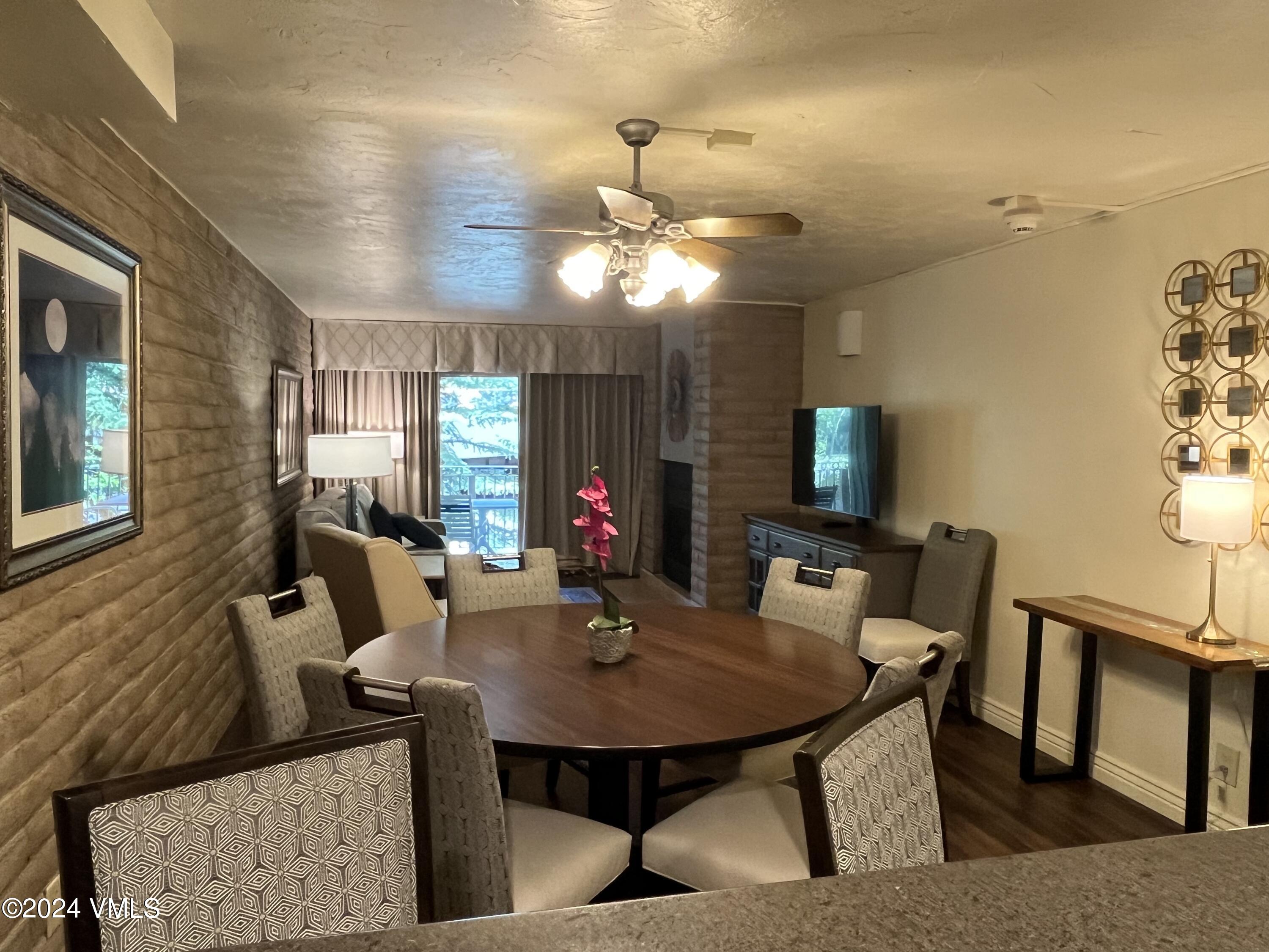 a view of a dining room with furniture