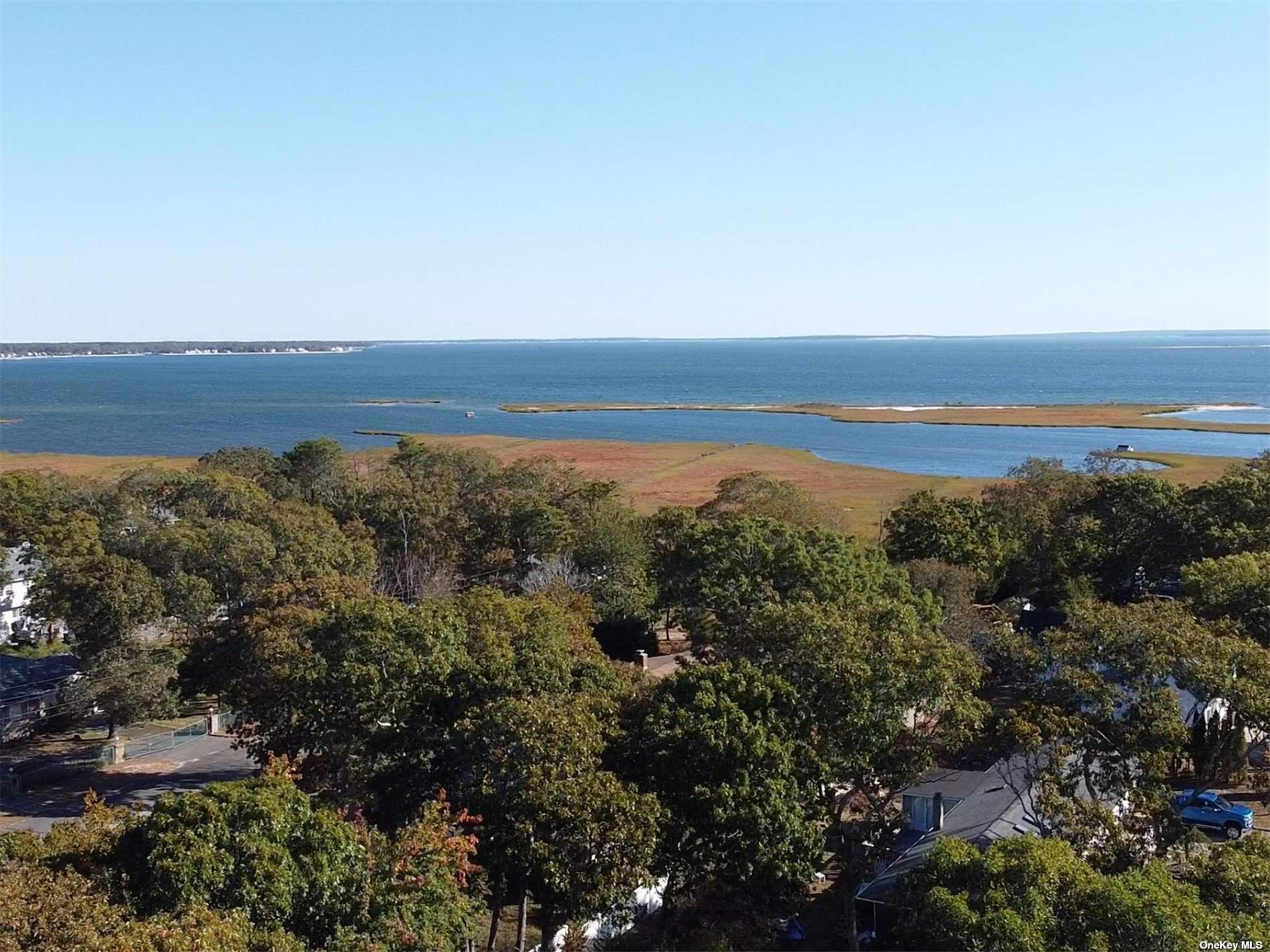 a view of ocean with green space