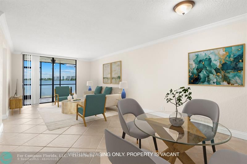 Virtually Staged View of Lake from Living Room and Dining Room