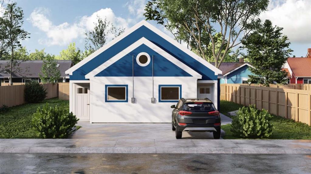 This is a modern single-story home featuring a white exterior with blue trim, a pitched roof, and a circular window accent. The property includes a driveway, an attached garage, and is fenced for privacy, with neighboring houses and greenery in the background.