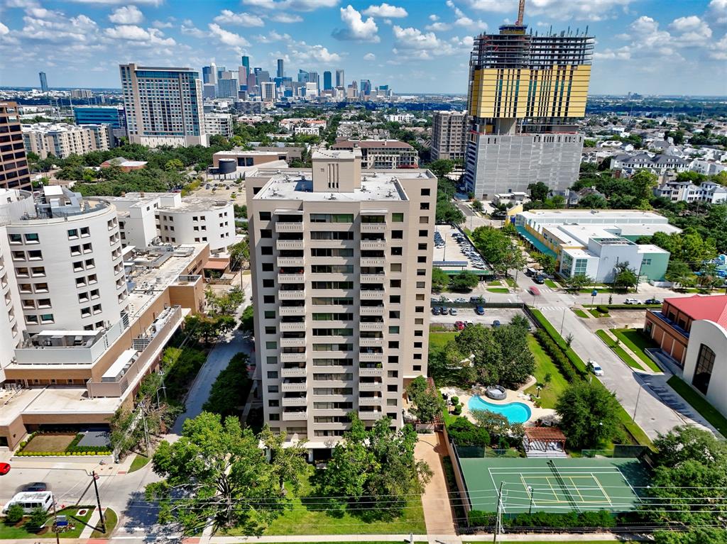 a city view with tall buildings