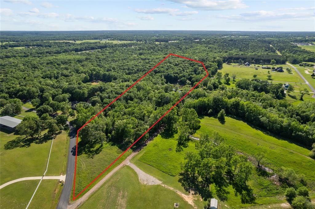 an aerial view of residential houses with outdoor space and trees