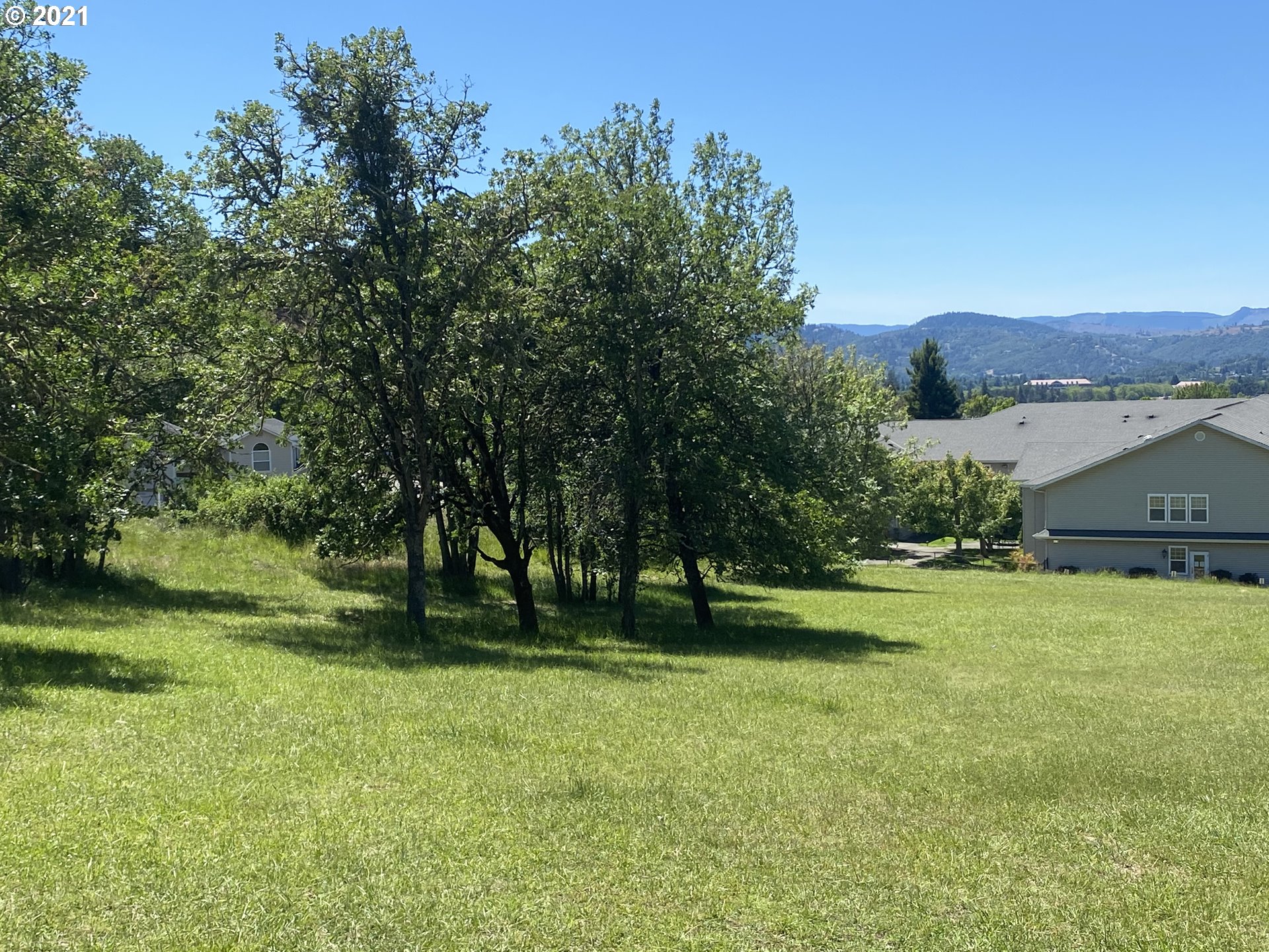 a view of a field of grass and trees