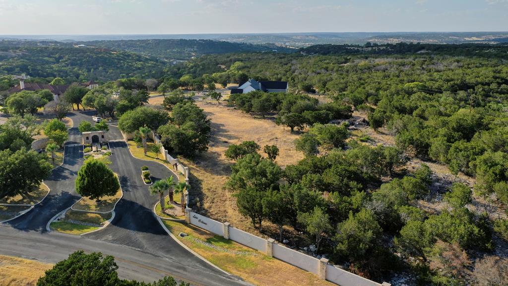 an aerial view of residential houses with outdoor space and trees