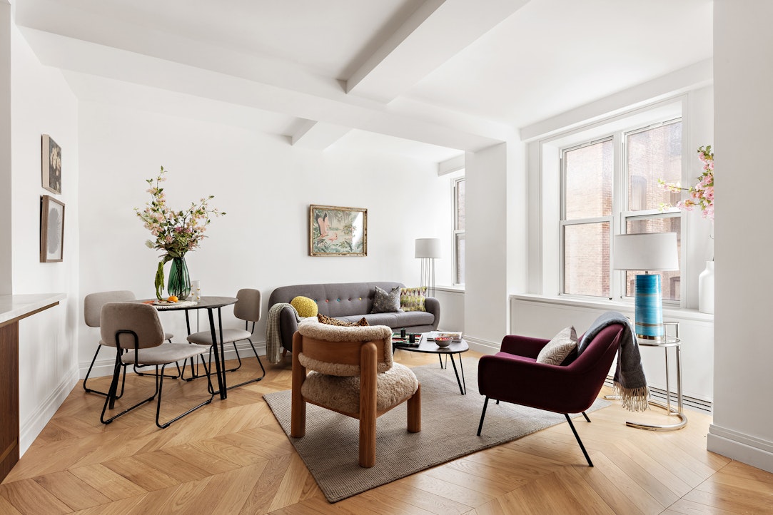 a living room with furniture and a potted plant