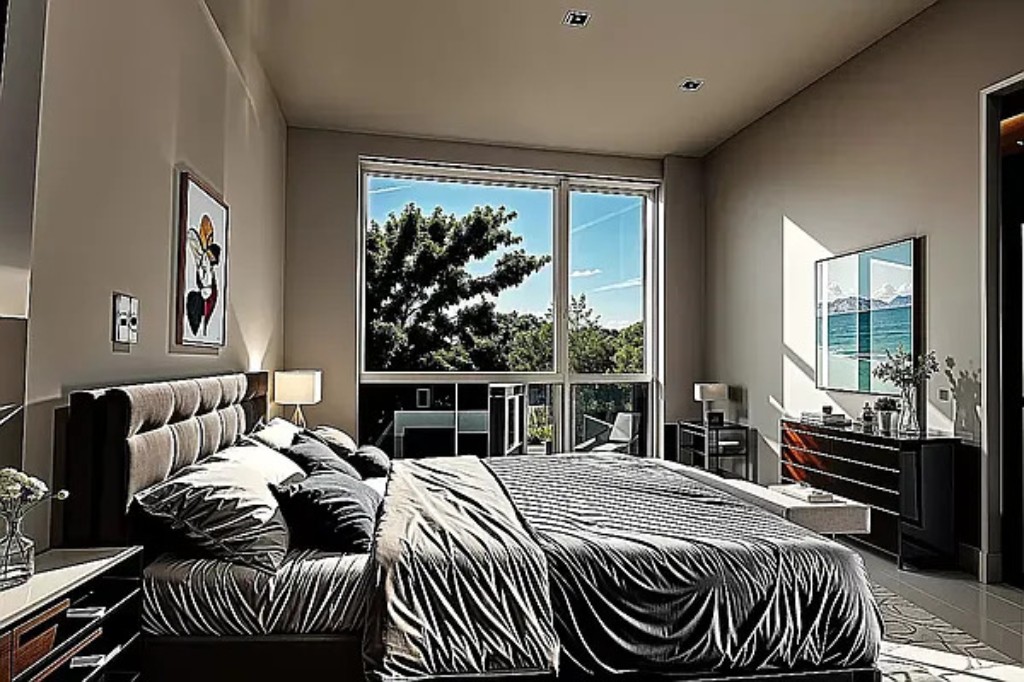 a bedroom with a bed and a large window