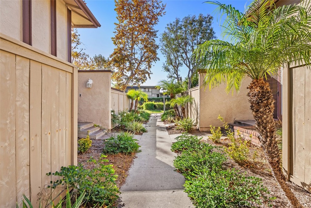 a view of a pathway with flower plants