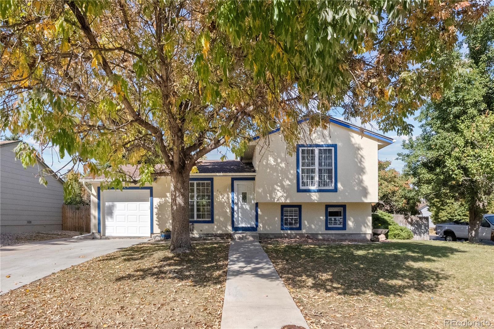 a front view of a house with a large tree