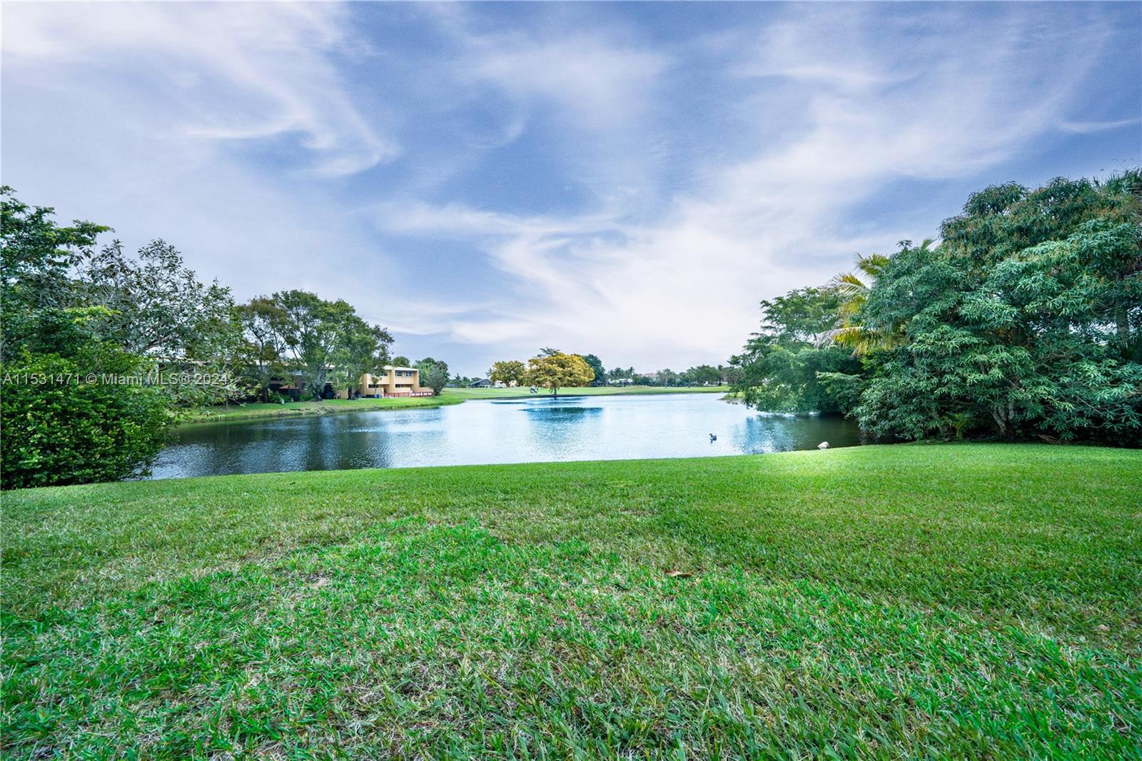 a view of a lake with a big yard and large trees