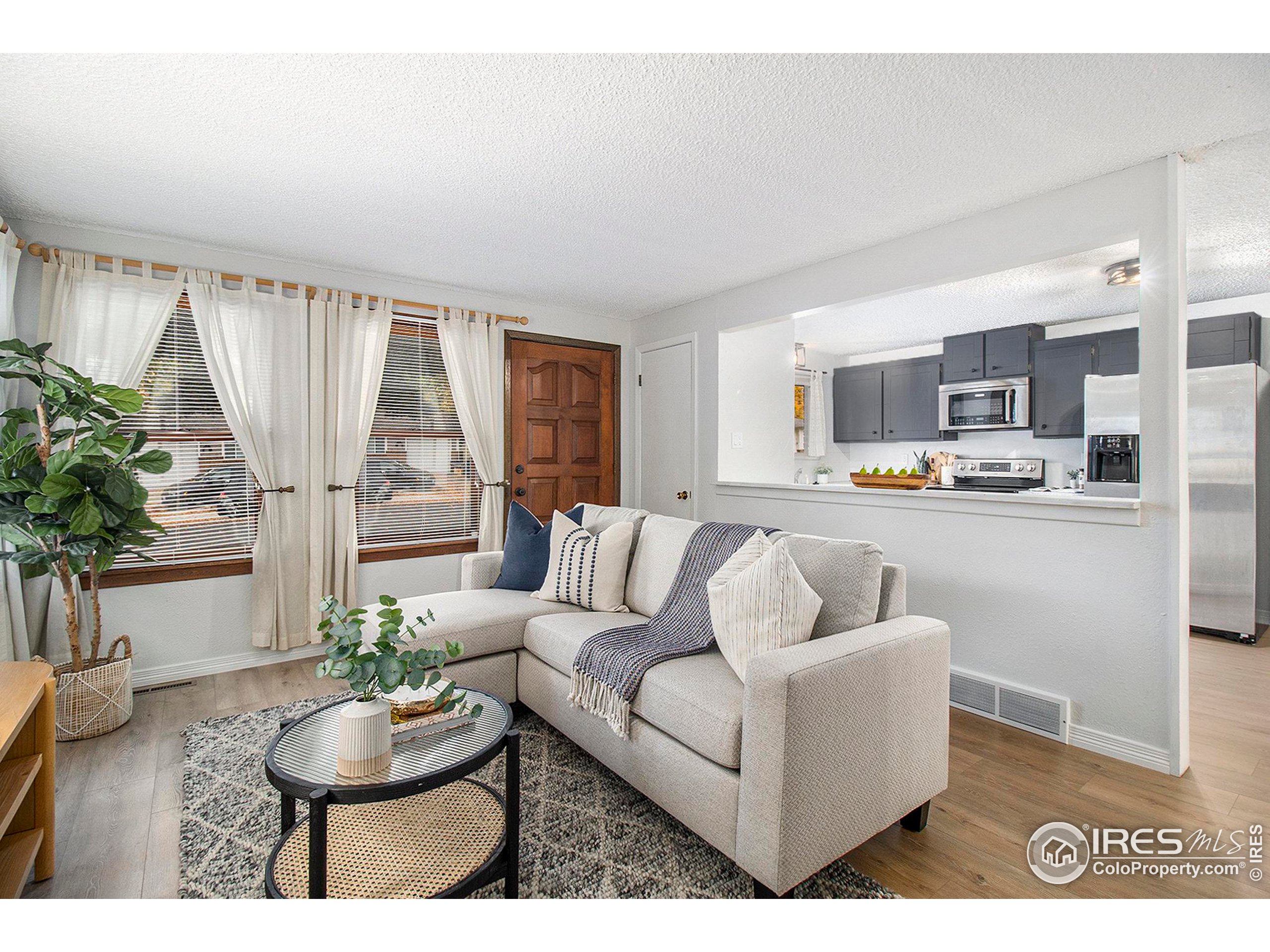 a living room with furniture and a potted plant