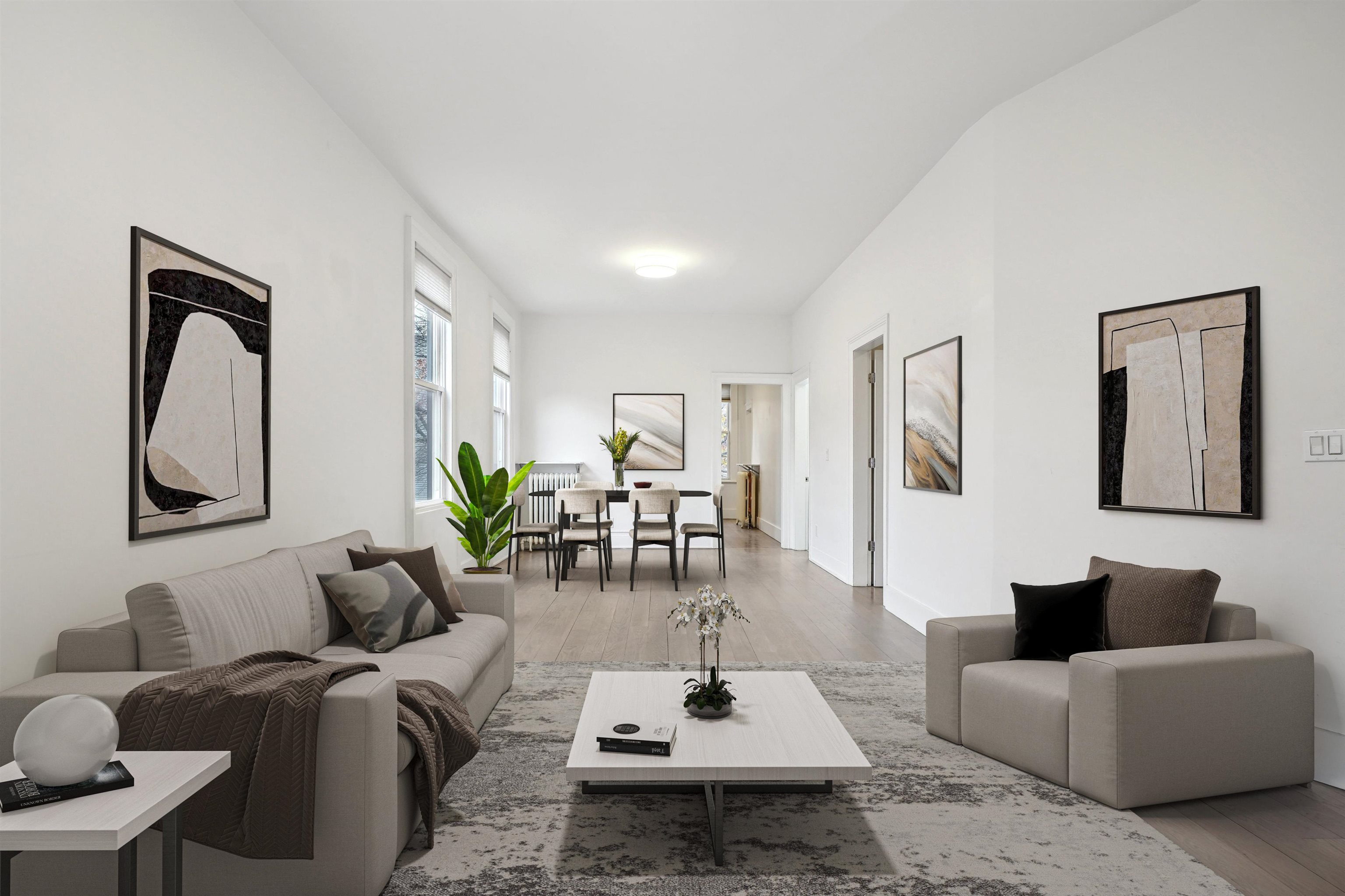 a living room with furniture or couch and a potted plant