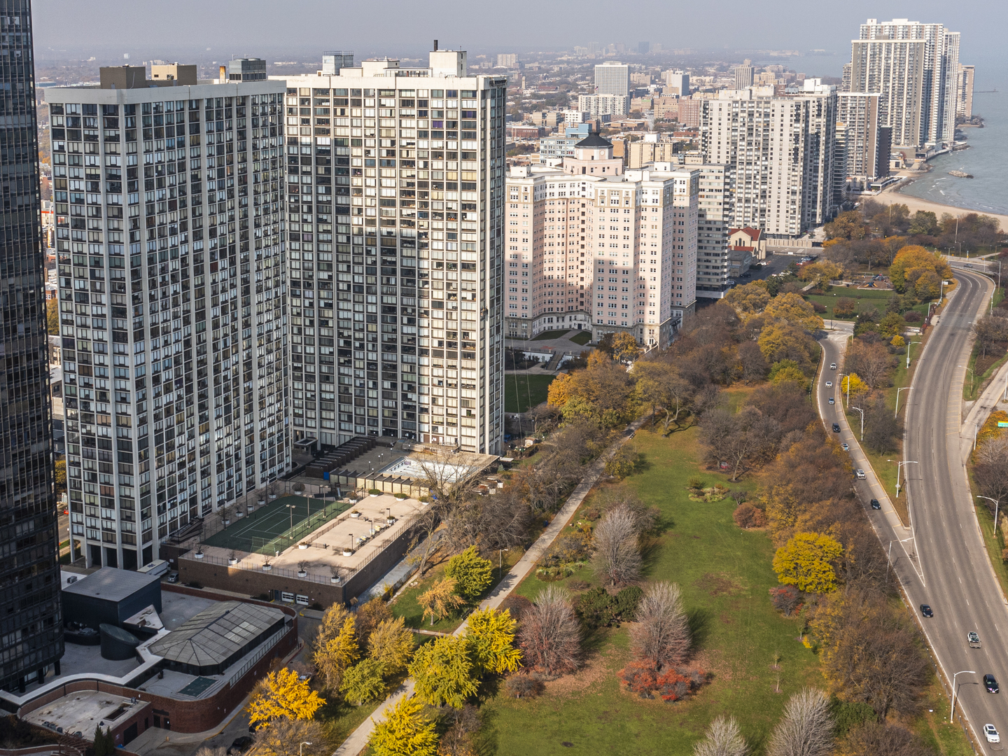 a view of a city with tall buildings