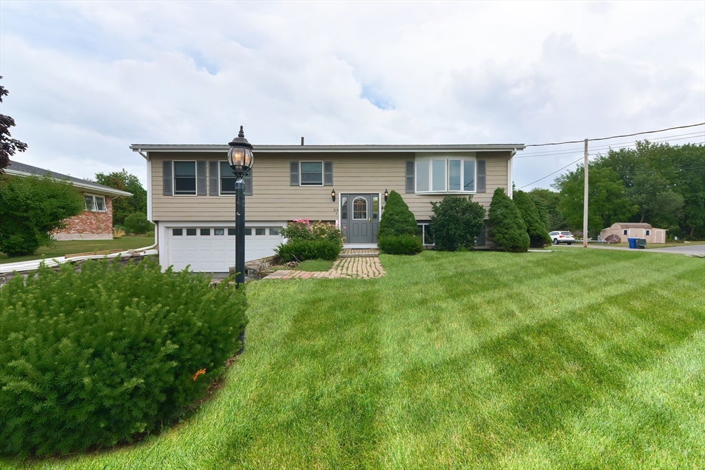 a front view of house with yard and green space