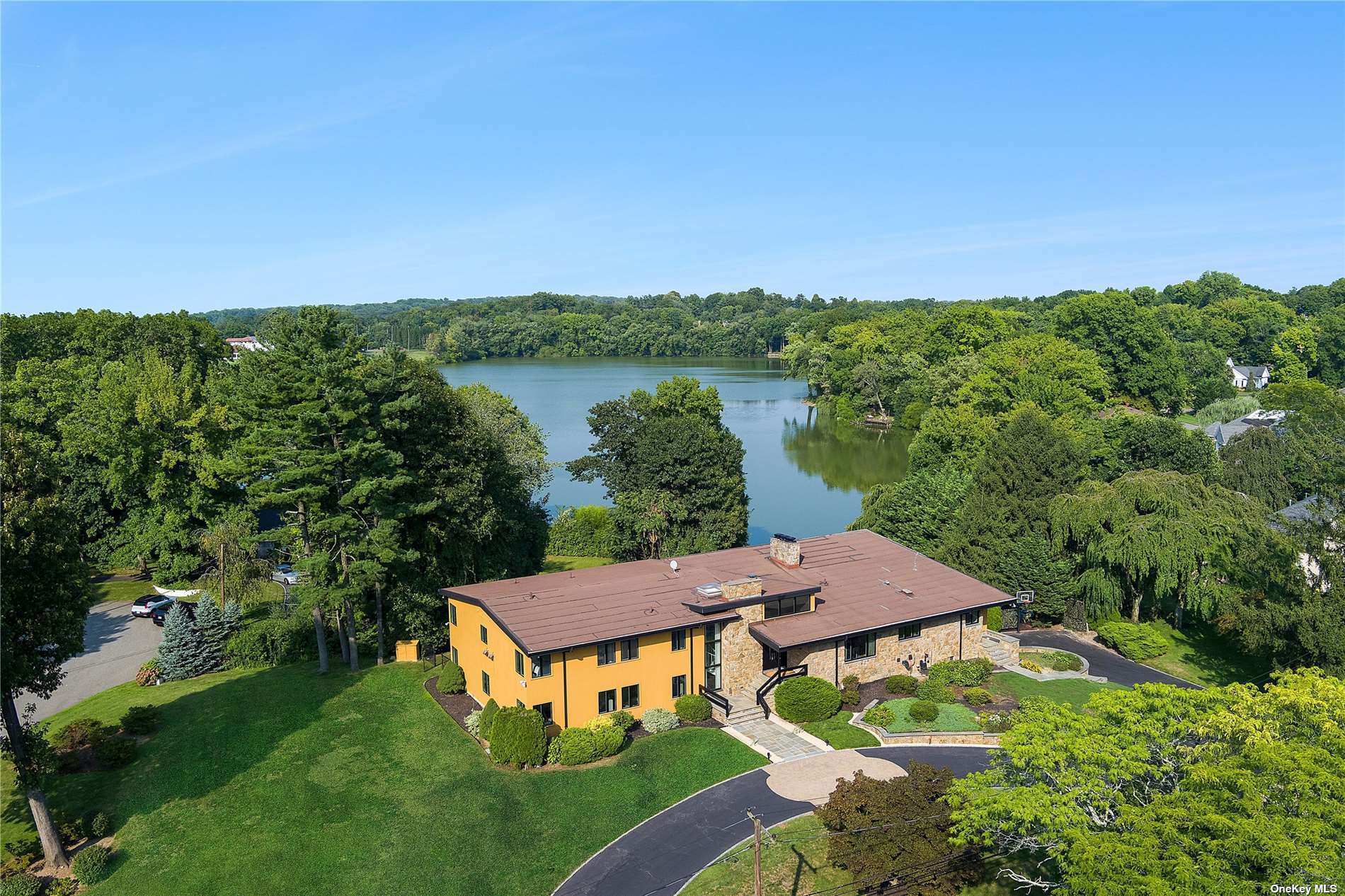 a view of a lake with a big yard