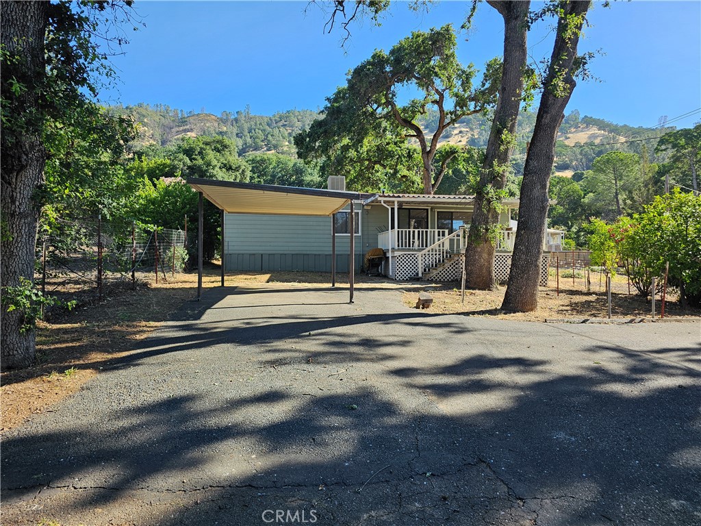 a view of a house with backyard and a tree