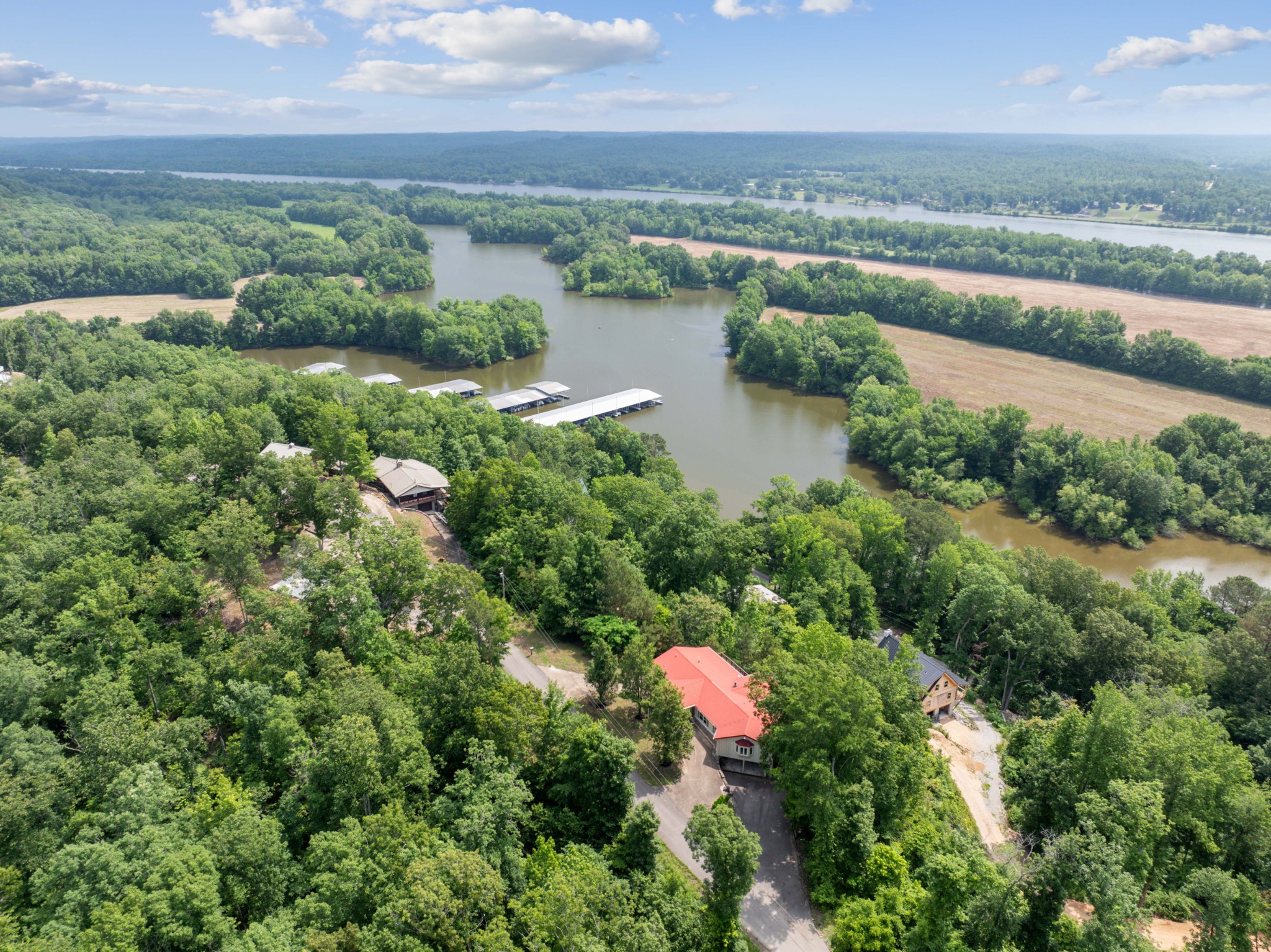 an aerial view of city and lake view