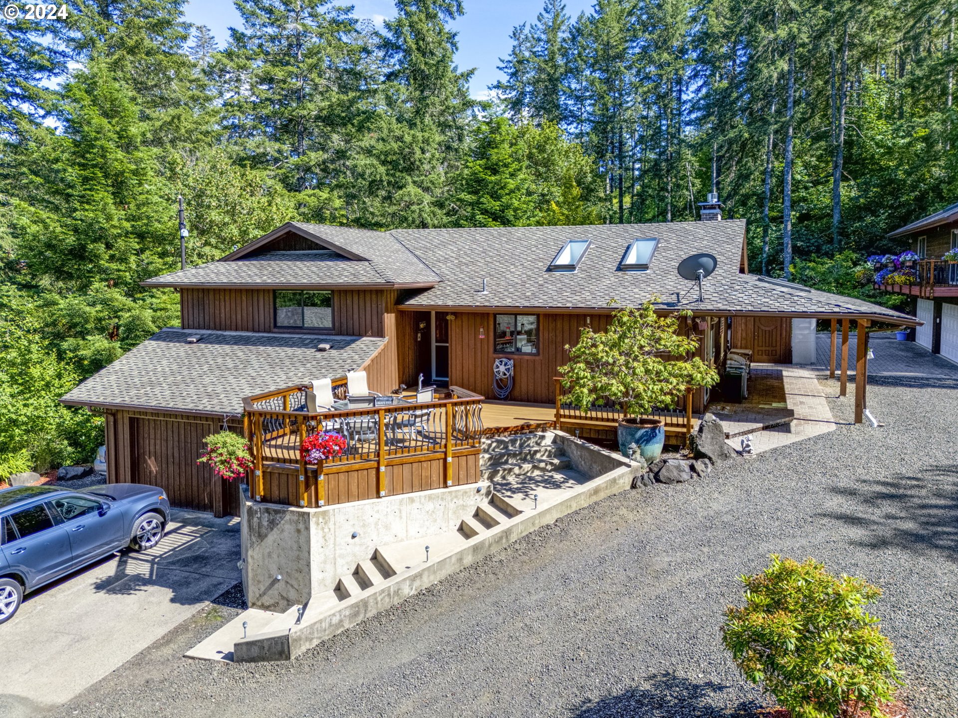 front view of a house with a patio