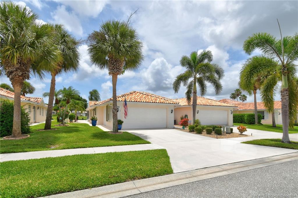 a palm tree sitting in front of a house with a big yard