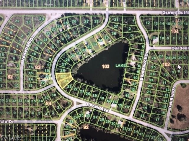 an aerial view of a swimming pool