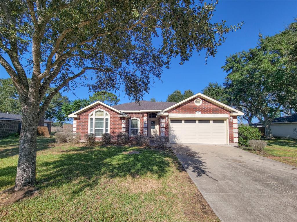 Charming single-story brick home with mature tree in front yard, two-car garage, and arched windows, nestled in a serene neighborhood.