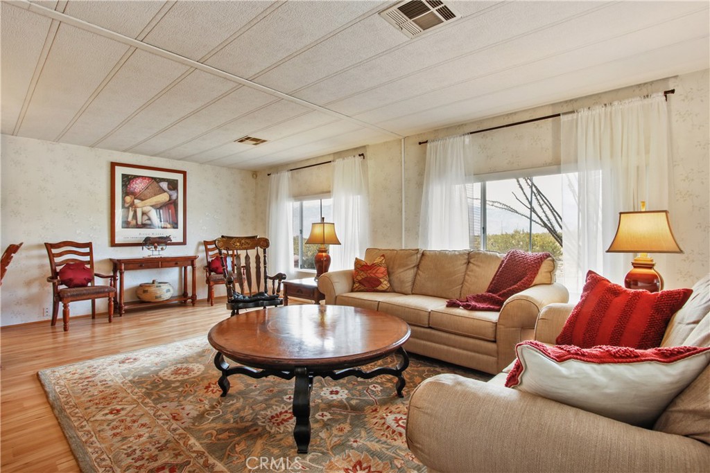 a living room with furniture a rug and a window