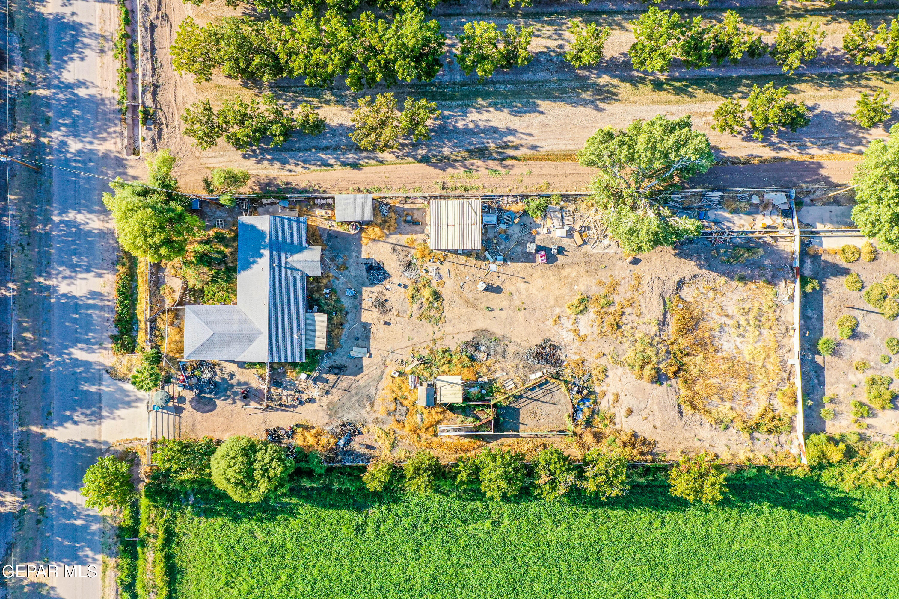 an aerial view of residential houses with outdoor space and trees