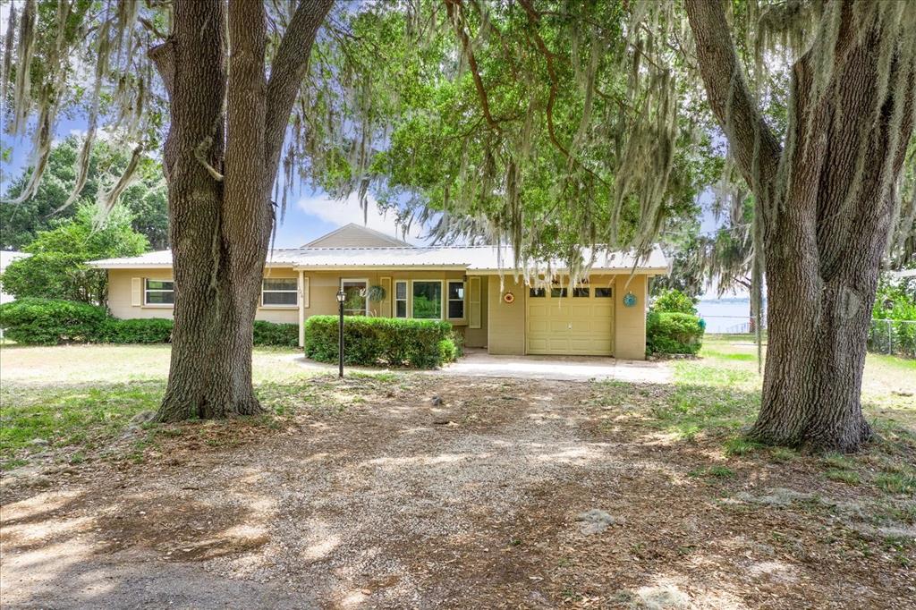 a front view of a house with a yard and an trees