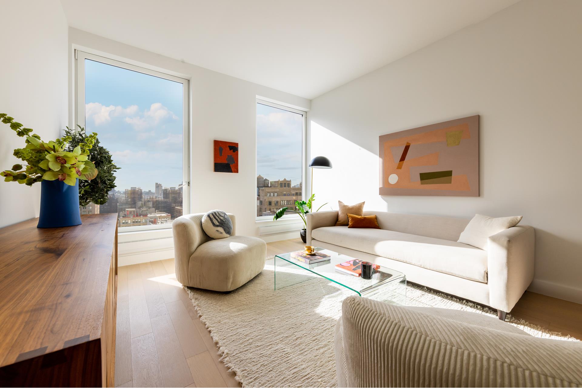 a living room with furniture and a potted plant