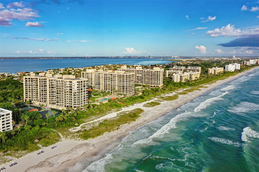 a view of an ocean & building