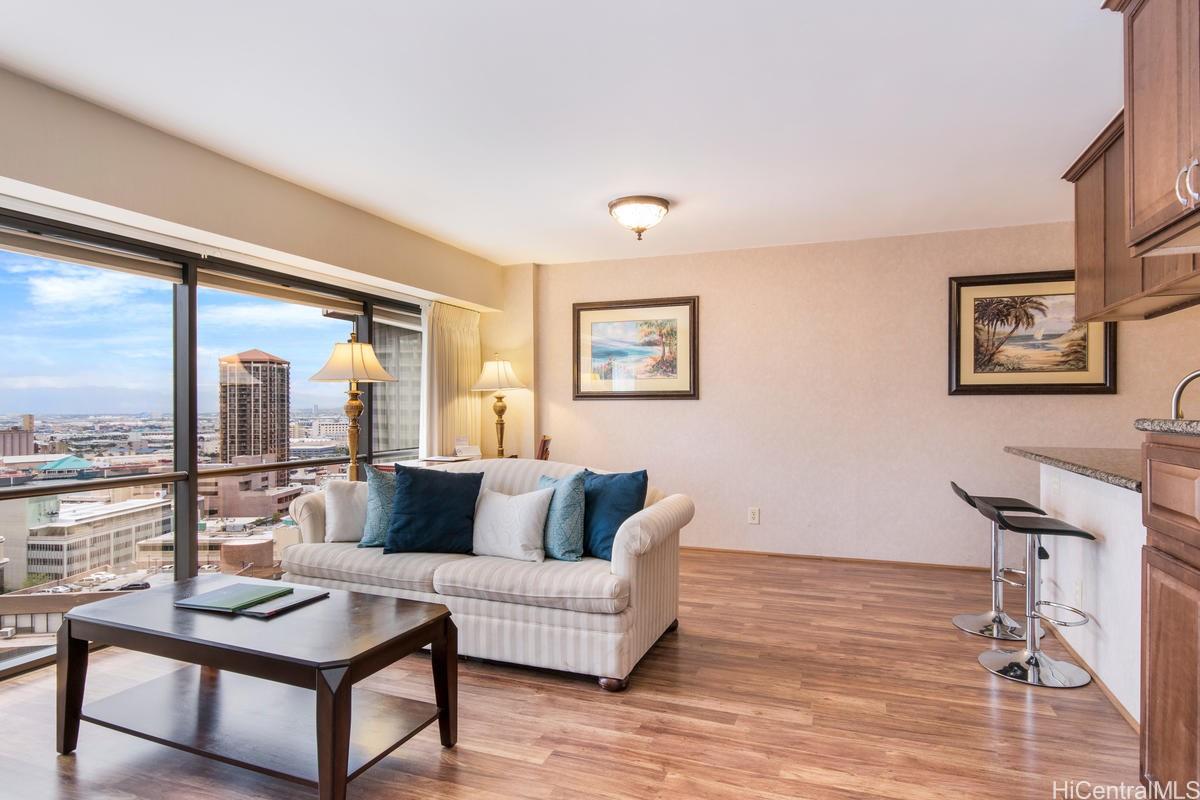 a living room with furniture and a table