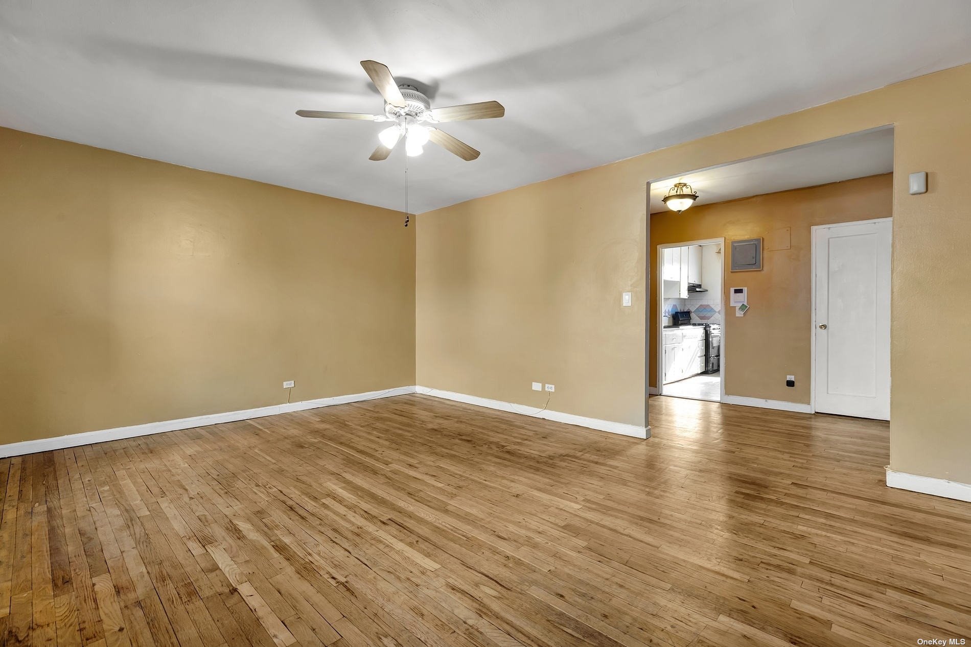 a view of an empty room with wooden floor