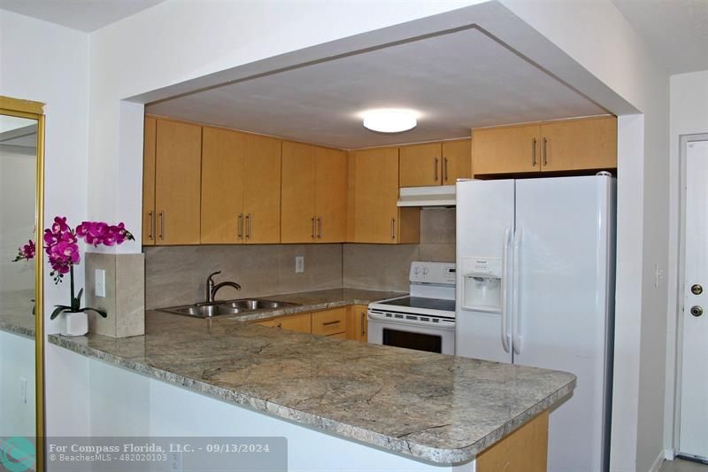 a kitchen with stainless steel appliances granite countertop a sink refrigerator and cabinets