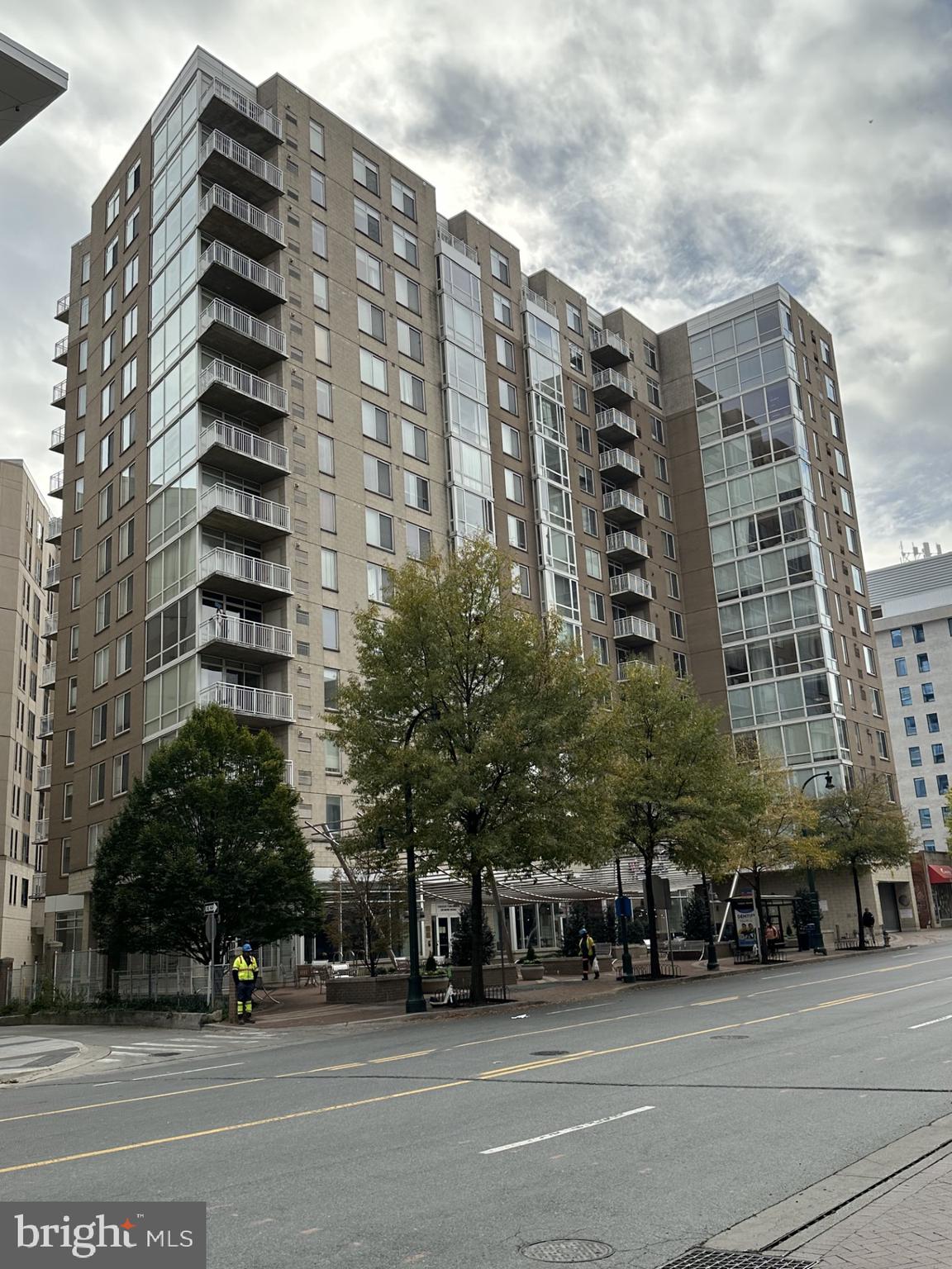 a view of a building and a street