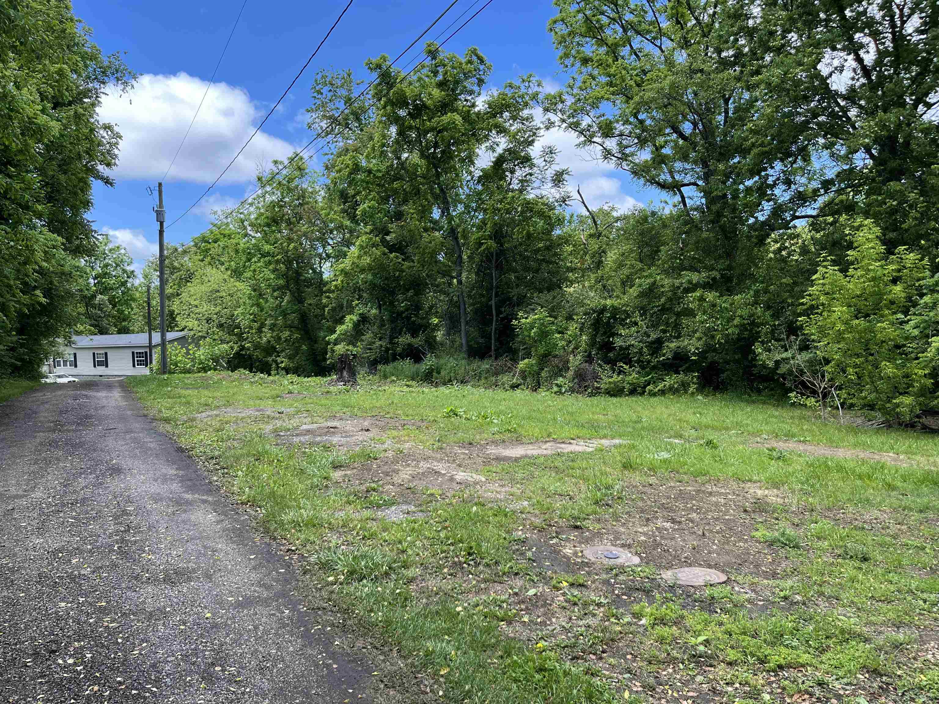 a view of a field with trees in the background