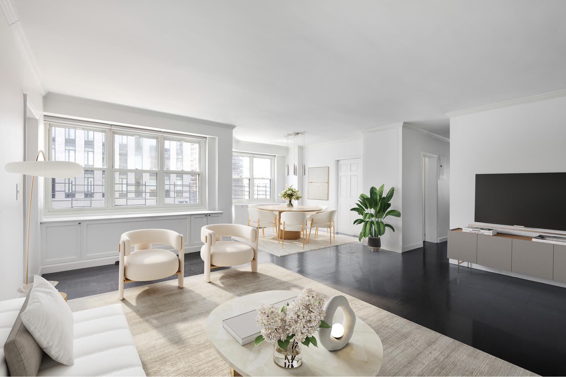 a living room with furniture a flat screen tv and a large window