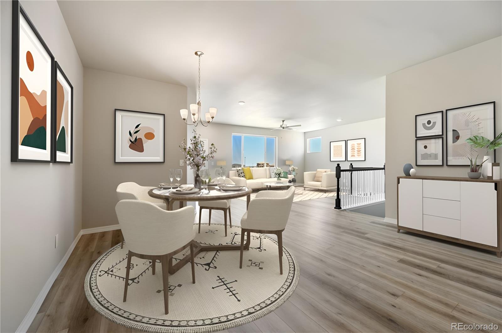 a dining room with wooden floor a chandelier a glass table and chairs