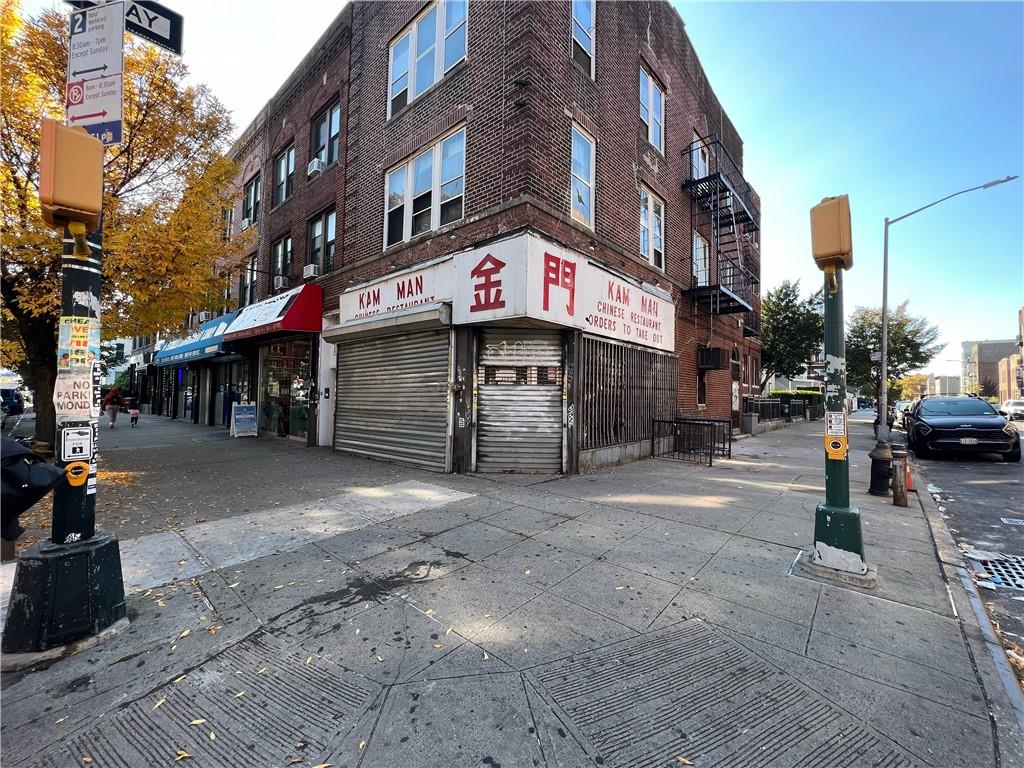 a front view of a building with street