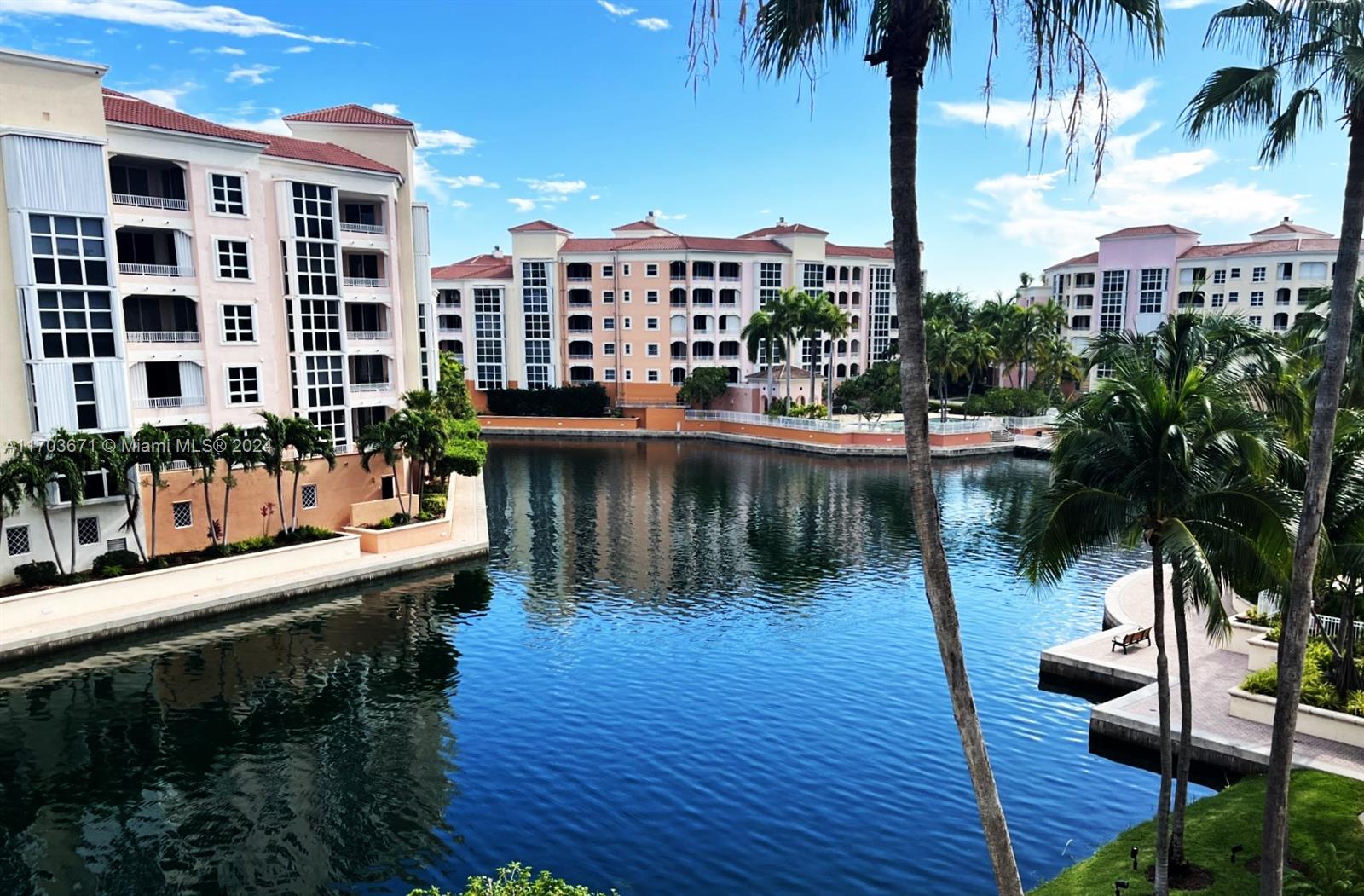 a lake view with palm trees next to a yard