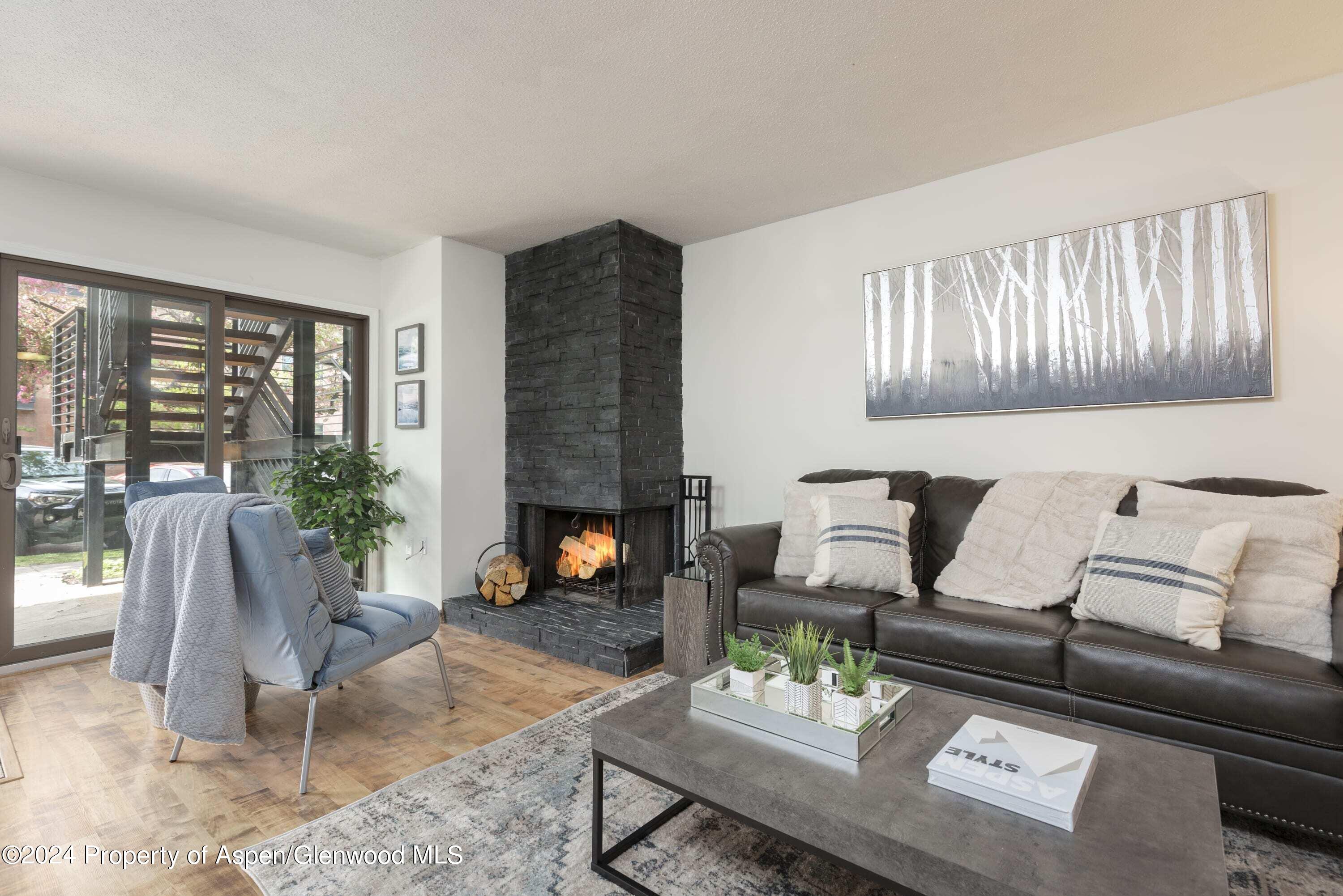 a living room with furniture and a fireplace