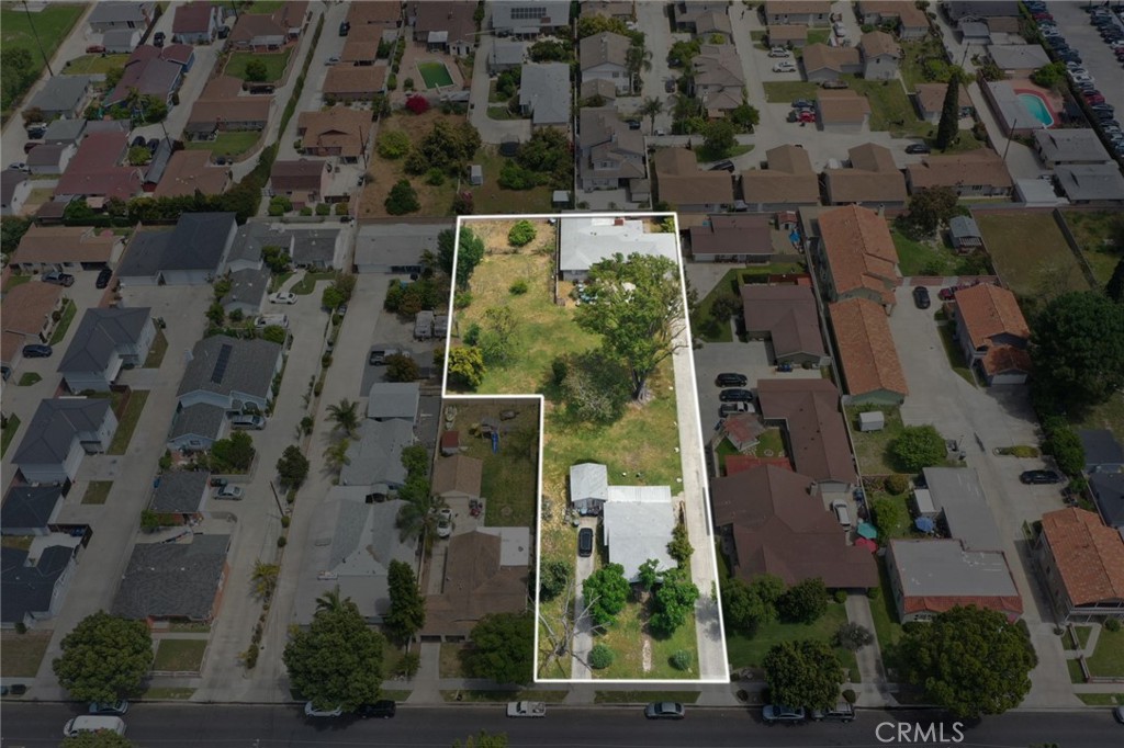 an aerial view of a building with outdoor space