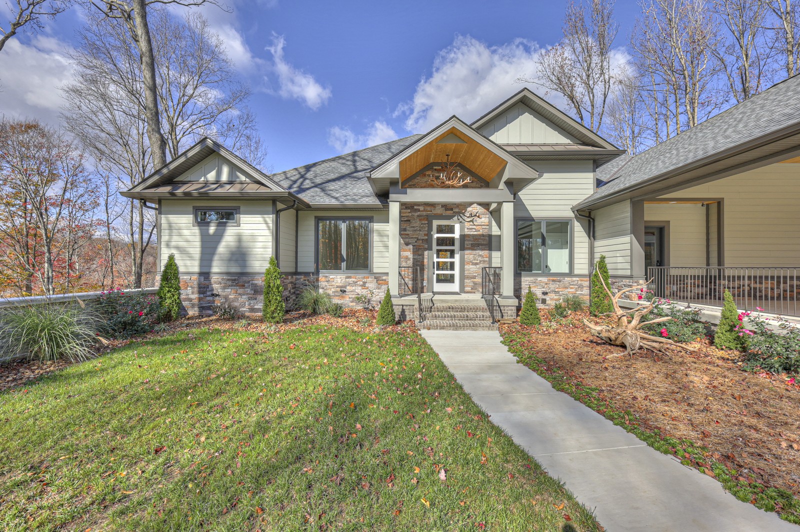 a front view of a house with yard and green space