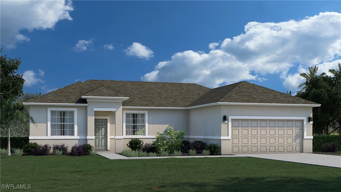 a front view of a house with a yard and garage