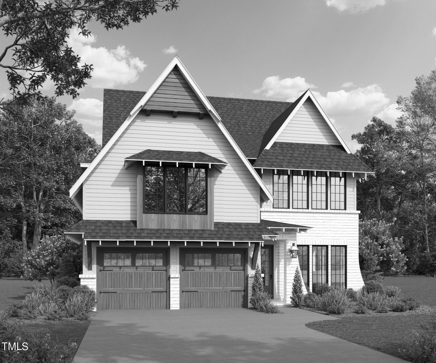 a view of a big house with a small yard and large trees