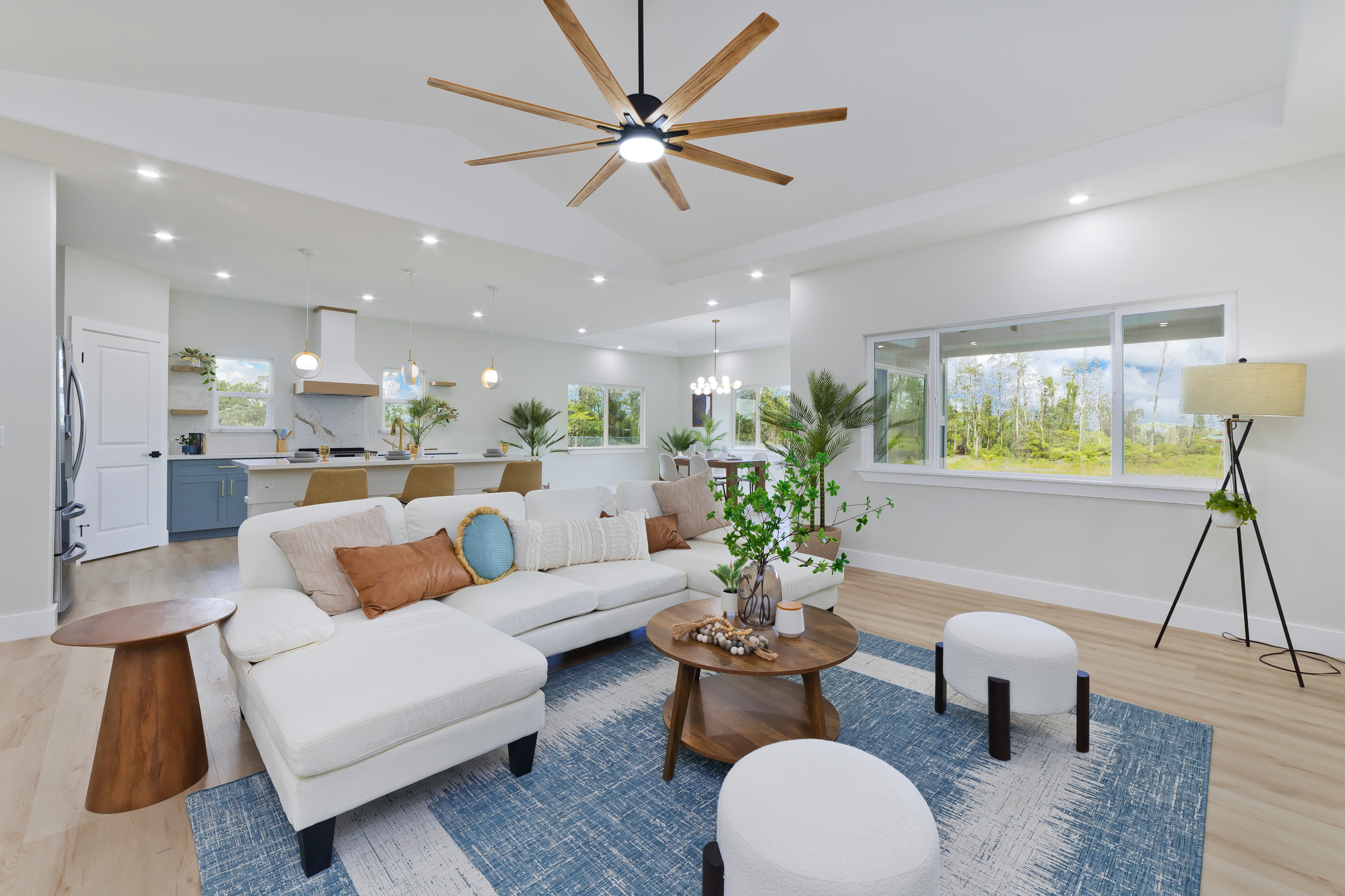 a living room with furniture and a table