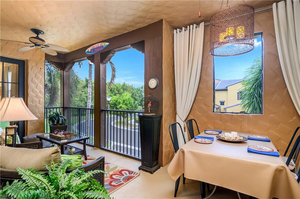 a view of a balcony dining area