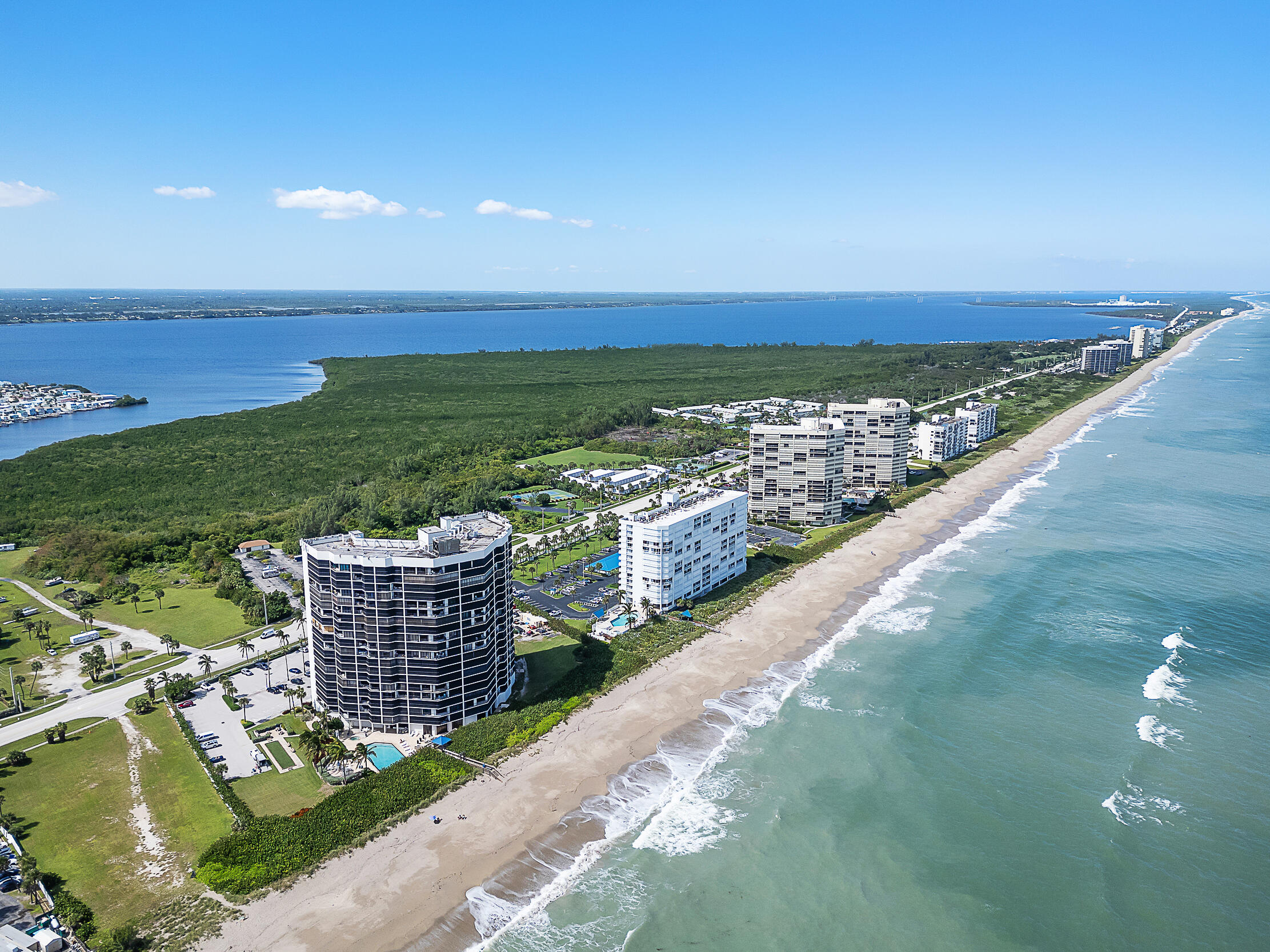 a view of a city and ocean view