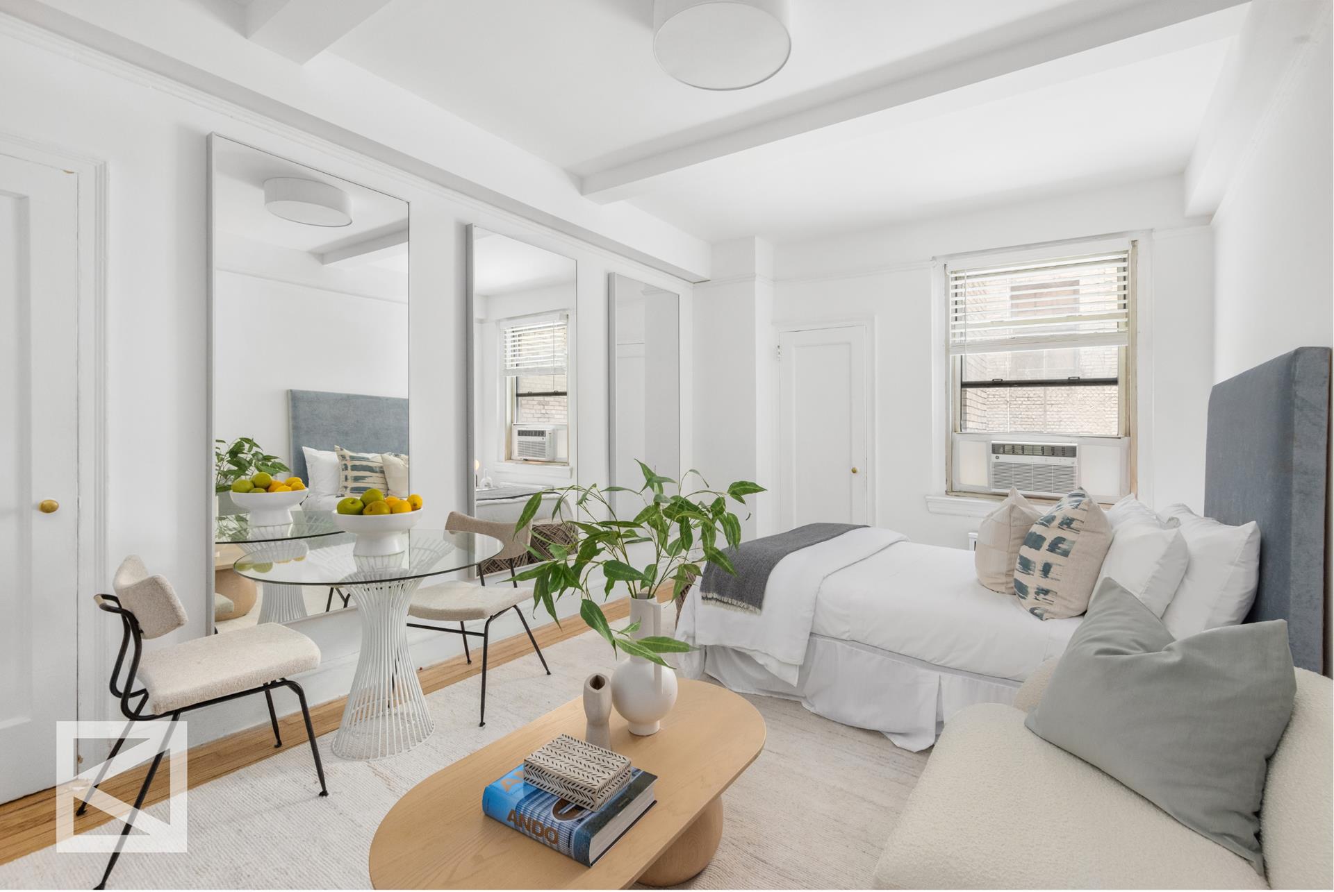 a living room with furniture and a potted plant