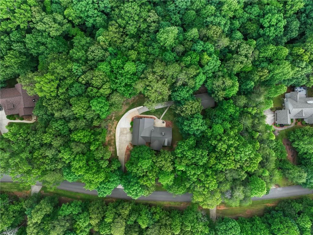 an aerial view of a house with a yard and large tree