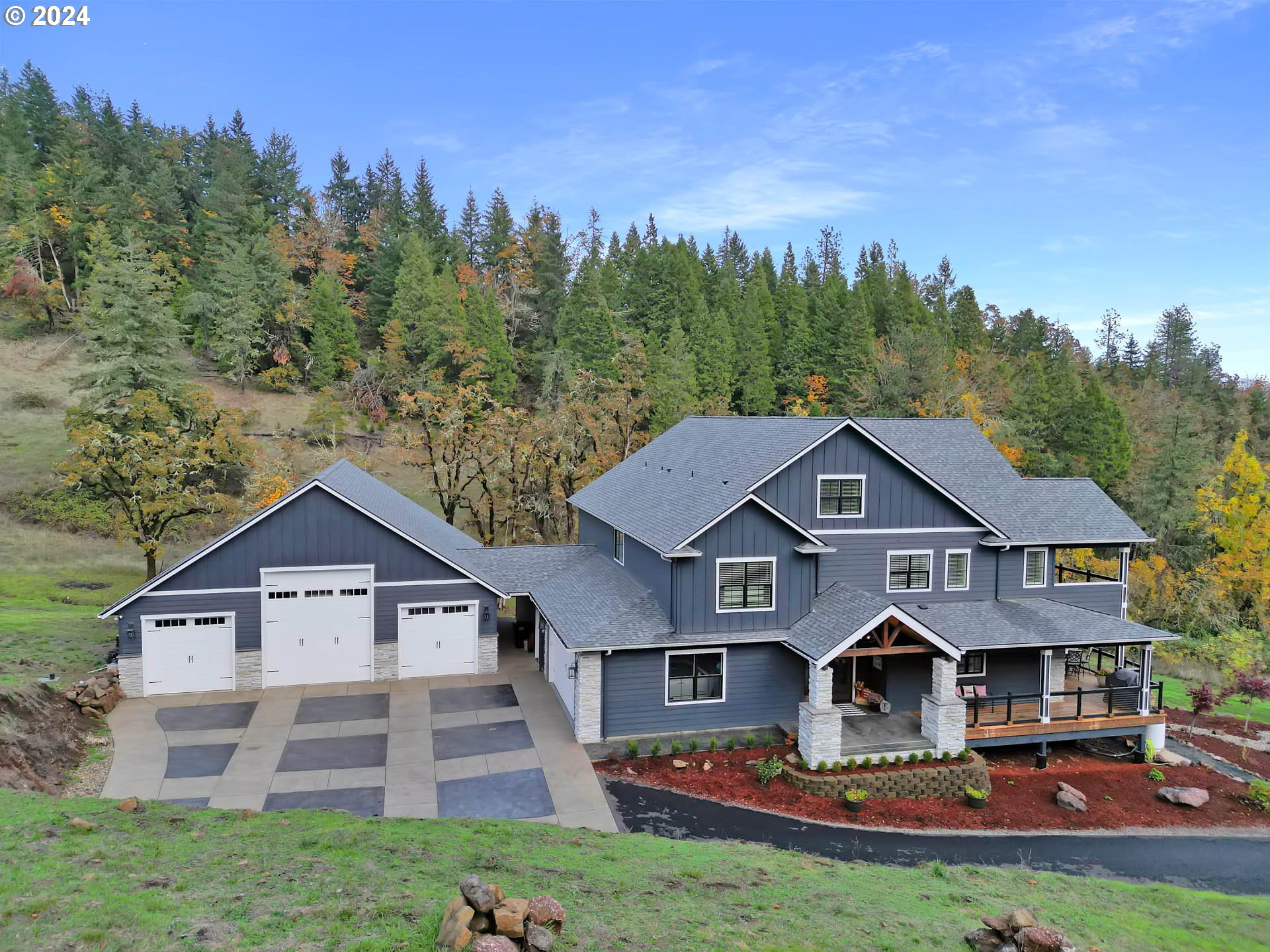 a front view of a house with yard and green space