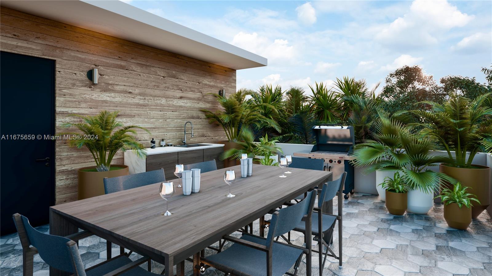 a wooden table and chairs with potted plants